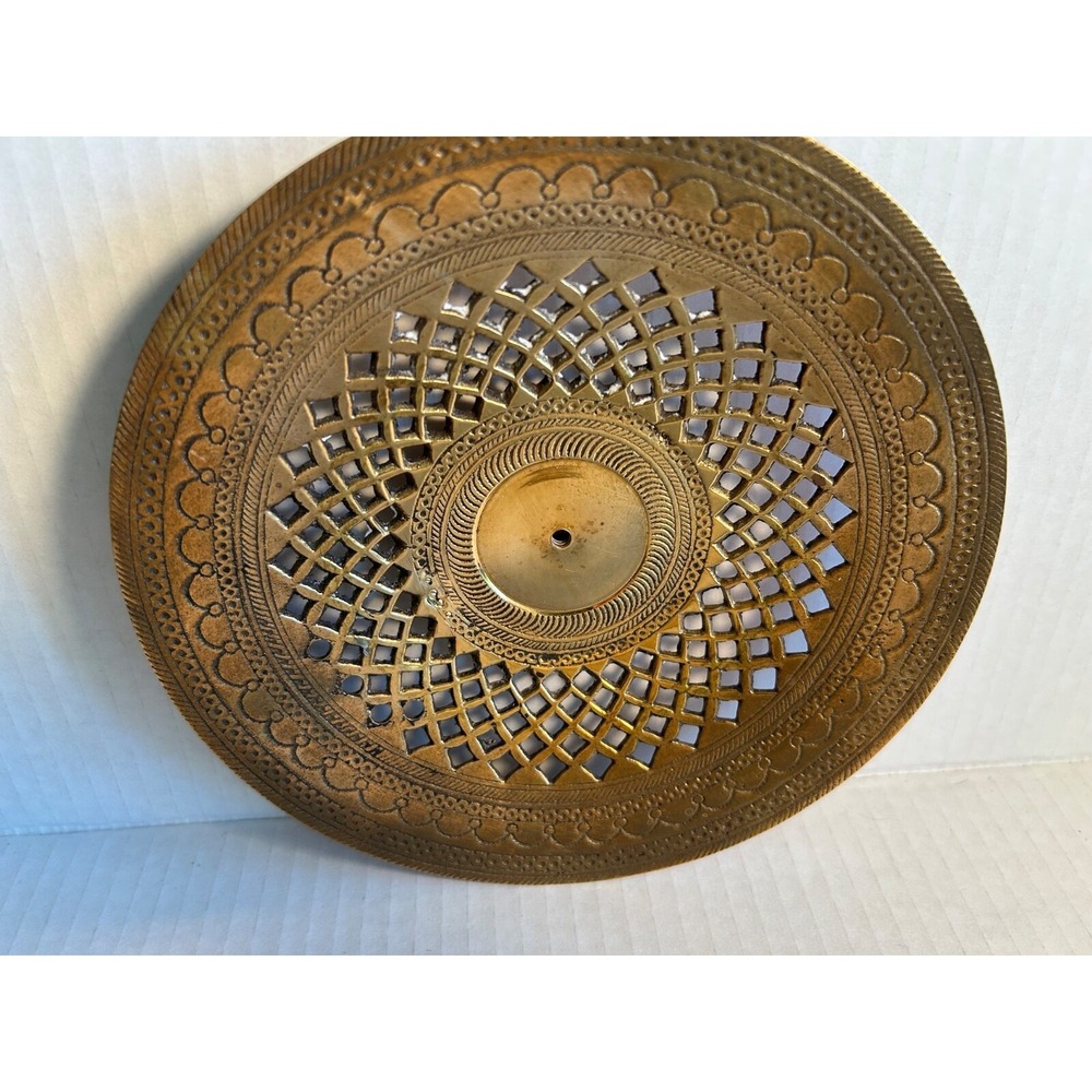 Vintage 7" bronze  plate Dish w/ Nailed Candle Holder Home Decor Multi Use
